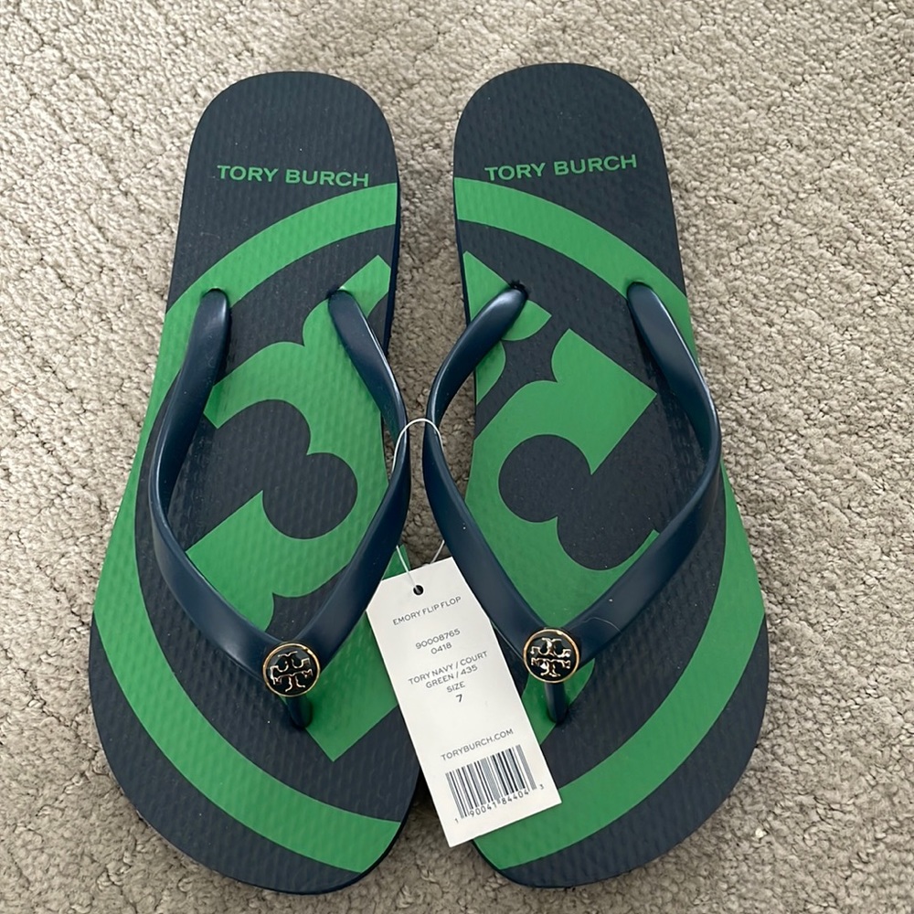 Tori Burch Emory flip flop size 7 green and navy NWT